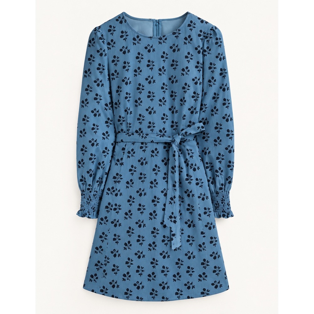 Boden Dress Smocked Cuff Corduroy long sleeve Belted Floral Blue size 10